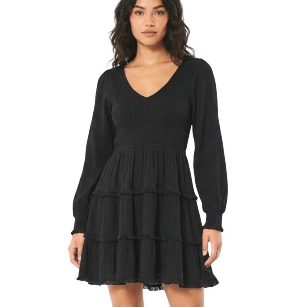 Altar'd State‎ Mini Dress Women Medium Black Smocked Tiered Boho Long Sleeve